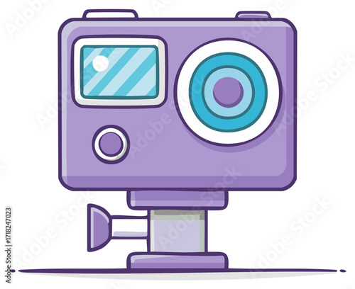 Cute cartoon action camera with lens and screen mounted on tripod