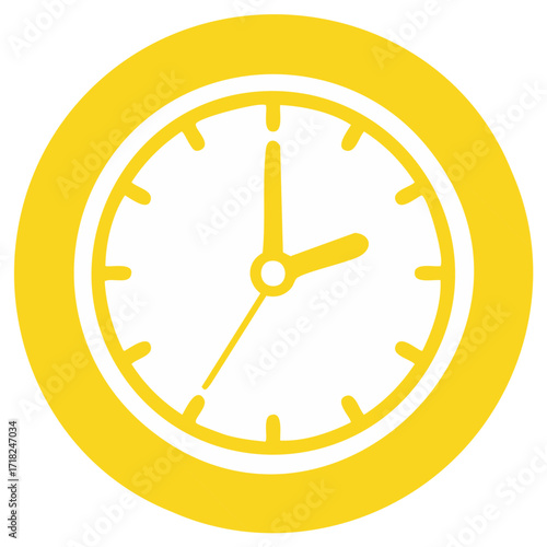 Round clock in yellow showing two o'clock with minutes on a bright white backdrop signifying punctuality