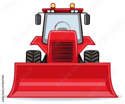 Illustration of a red bulldozer with lights and a powerful front blade design