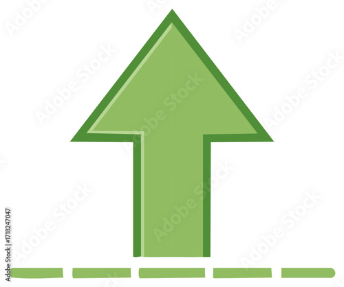 Green arrow pointing upwards with dashed line illustration. Direction, growth and progression concept.