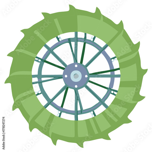 Green Tractor Wheel Illustration with Paddles for Agriculture and Cultivation