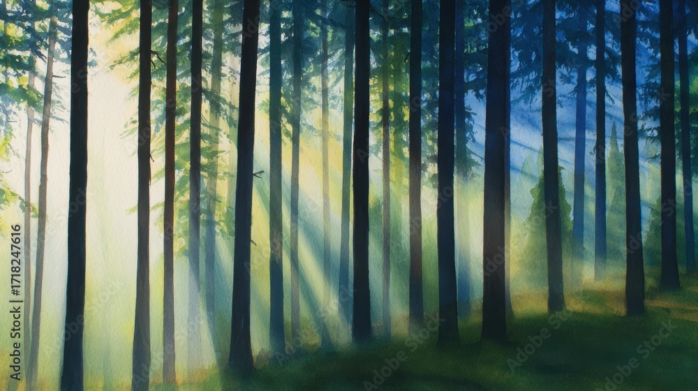 Fototapeta premium Serene forest landscape with tall trees, sunlight streaming through, creating a tranquil atmosphere