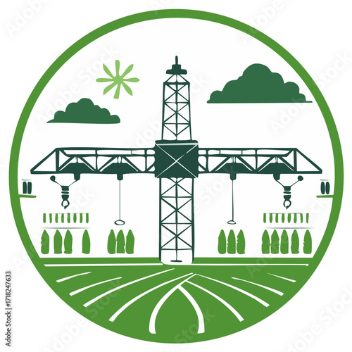 Green Industrial Icon of Crane, Buildings and Field Inside Circle