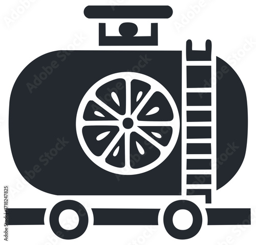 Stylized Rail Tank Car Icon with Citrus Fruit Slice Graphic for Liquid Transport