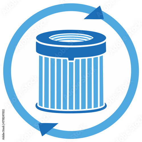 Blue filter cartridge icon surrounded by circular refresh arrows symbolizing purification, maintenance, and system circulation.