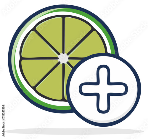 Lime slice with plus symbol concept for adding freshness or citrus flavor