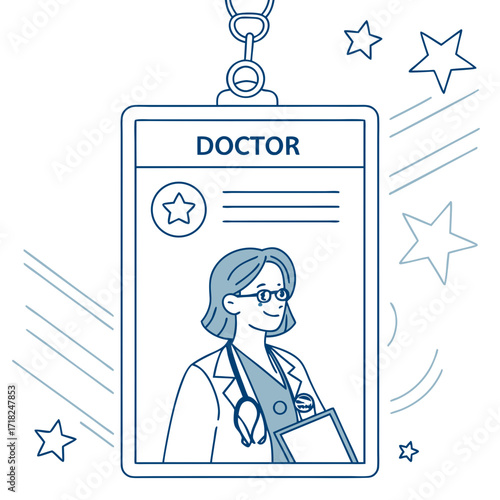 Illustration of a doctors id badge with stars