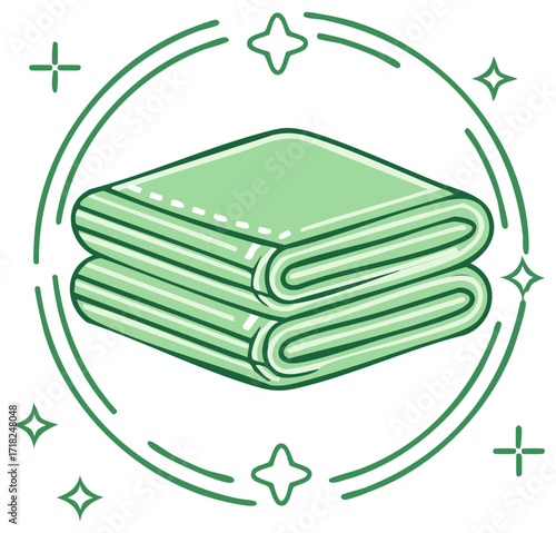 Folded Linens with Sparkles Icon, Green Clean Fabric Towels, Hygiene and Laundry Service Design Element