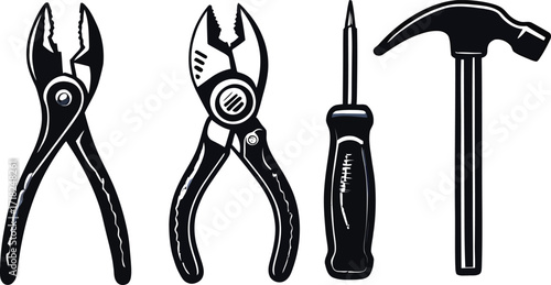 Workshop tool kit collection, pliers screwdriver wrench hammer vector set

