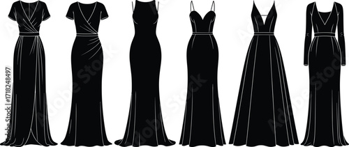 Elegant black dress collection with diverse silhouettes, sleeve styles, and necklines for evening fashion, formal wear, costume, and design illustration