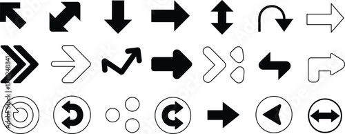 Arrow icon set, black and white arrows, UI navigation symbols, direction indicators, curved arrows, circular arrows, vector design elements