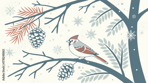 A charming sparrow perches on a snow dusted branch of a pine tree adorned with pinecones and delicate snowflakes