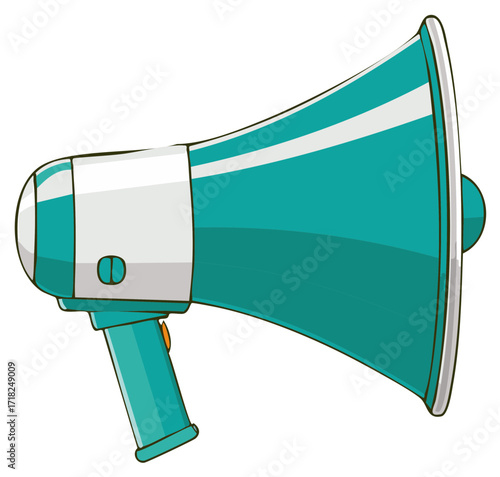 Illustration of a teal and white megaphone public address system to amplify voices or alarms