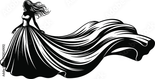 Elegant flowing gown silhouette with dramatic skirt and motion effect, artistic fashion illustration for evening wear, costume, and design themes