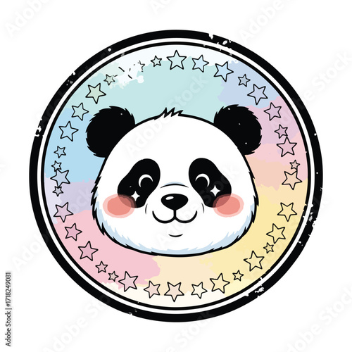 Cute cartoon panda face with blush on cheeks and star border