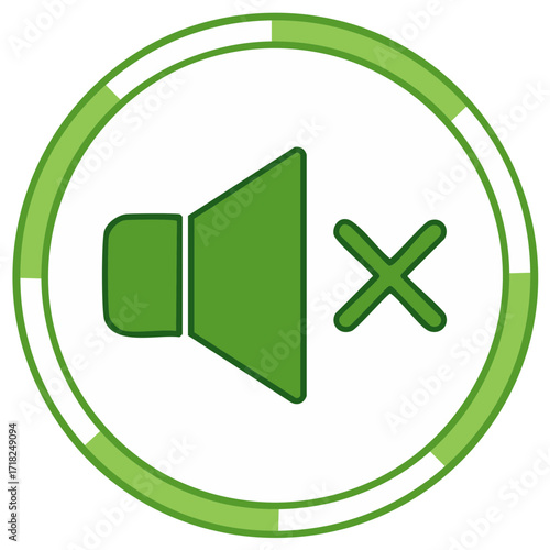Green mute icon for silence symbol, deactivation button, and turning sound off in circle