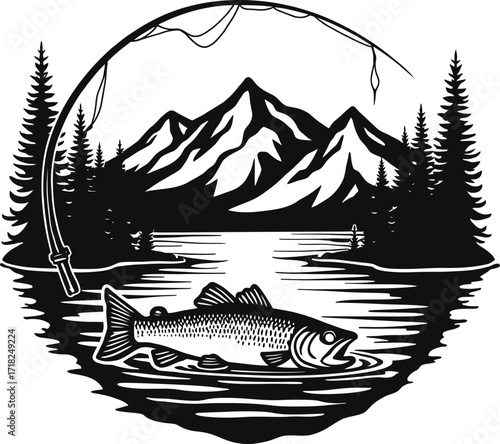Fisherman catching fish in mountain lake, outdoor sport fishing illustration

