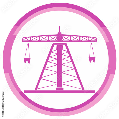 Modern magenta tower crane icon in a minimalist circular frame representing construction and industry