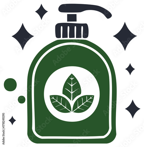 Sparkling green soap bottle with leaves symbol for eco friendly cleaning and hygiene