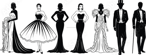 Elegant formal evening wear silhouettes of men and women in tuxedos and gowns for fashion, event, costume, and design themes