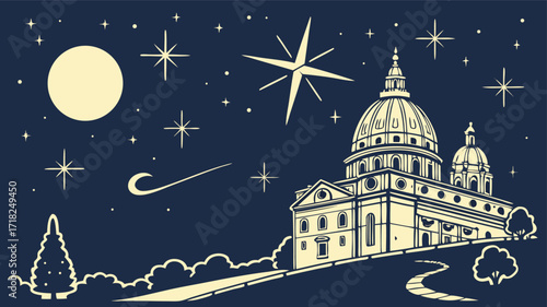 Whimsical illustration of a grand domed building on a hill under a starry night sky with a crescent moon and comet