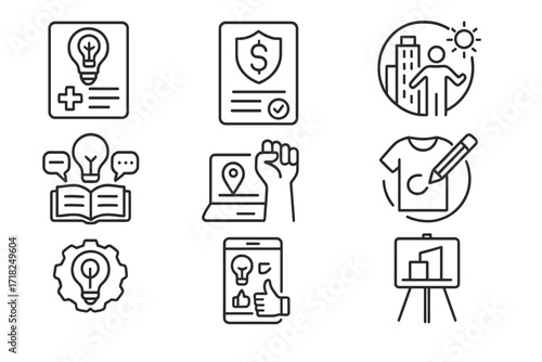 Industry Crowdsourcing Icons. Line style icons of industry-specific crowdsourcing: health innovation form, fintech challenge card,