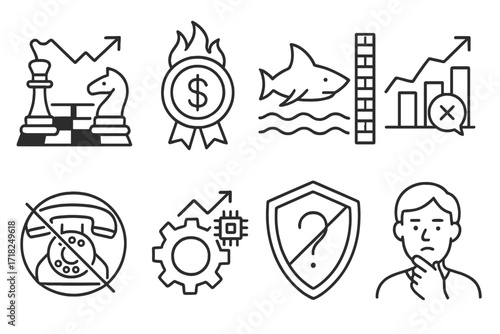 Innovation Blockers Icons. Line style icons of innovation blockers: strategy trap icon, competitive pressure badge, high-cost