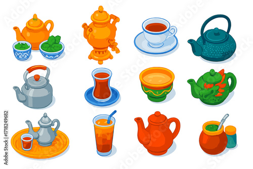 Global Tea Icons. Isometric vector illustration set Tea global culture: Moroccan mint set, Russian samovar, British teacup with