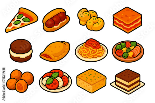 Italian-American Food Icons. Isometric vector illustration set Italian-American bites: pizza margherita slice, meatball sub,