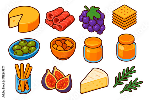 Charcuterie Board Elements. Isometric vector illustration set Charcuterie board: cheese wheel slice, cured meats, grapes cluster,