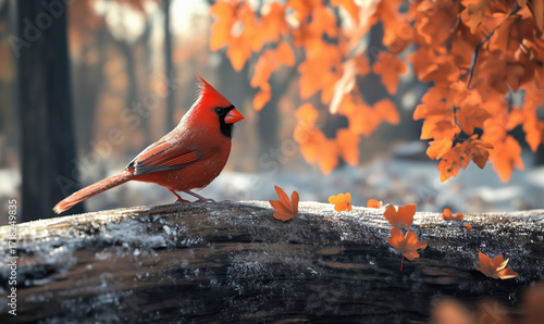 Vibrant red cardinal perched on log surrounded by autumn leaves, minimal style photo