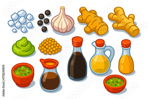 Gourmet Condiment Icons. Isometric vector illustration set Gourmet condiments: salt crystals, black peppercorns, garlic bulb,