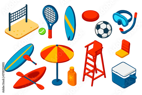 Beach Sports Icons. Isometric vector illustration set Beach sports: volleyball net on sand, tennis racket, surfboard, frisbee,