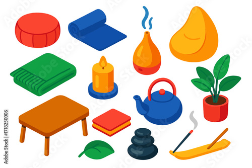 Cozy Relaxation Corner. Isometric vector illustration set Relaxation corner: meditation cushion, yoga mat, bean bag chair, soft