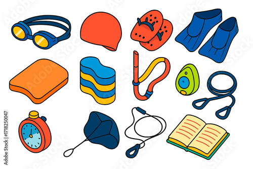 Swimming Training Tools. Isometric vector illustration set Swimming training tools: swimming goggles, swim cap, paddles, fins,