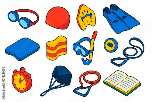 Swimming Training Tools. Isometric vector illustration set Swimming training tools: swimming goggles, swim cap, paddles, fins,