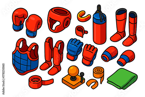 Sparring Gear Icons. Isometric vector illustration set Sparring gear: boxing gloves, headgear, mouthguard, punching bag, chest