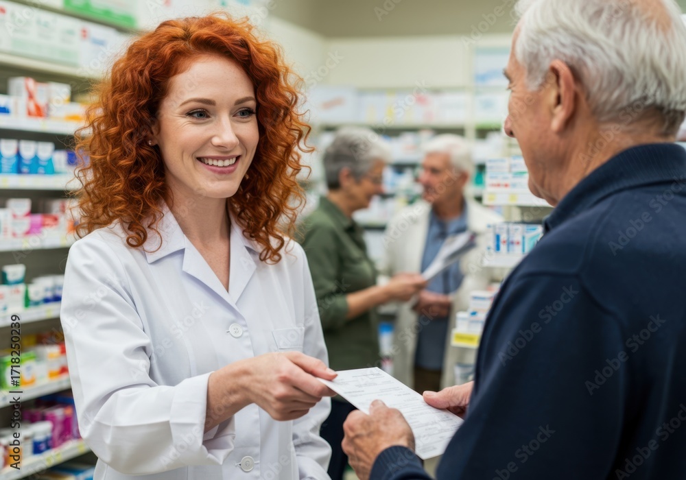 Fototapeta premium Friendly pharmacist in white coat hands prescription to elderly male customer in well stocked pharmacy aisle