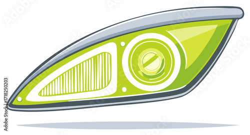 Cartoon illustration of a vehicle headlight design with green and silver color scheme.