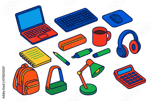 Colorful Study Essentials. Isometric vector illustration set Student study setup: laptop, keyboard, mouse, mouse pad, notebook,