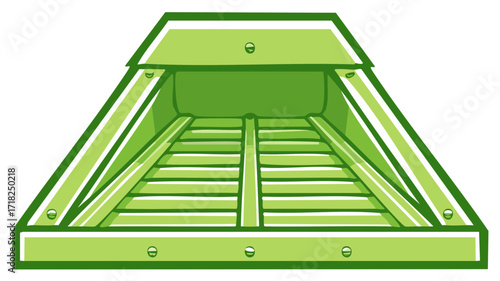Green raised garden bed with slats and a protective lid shown from above