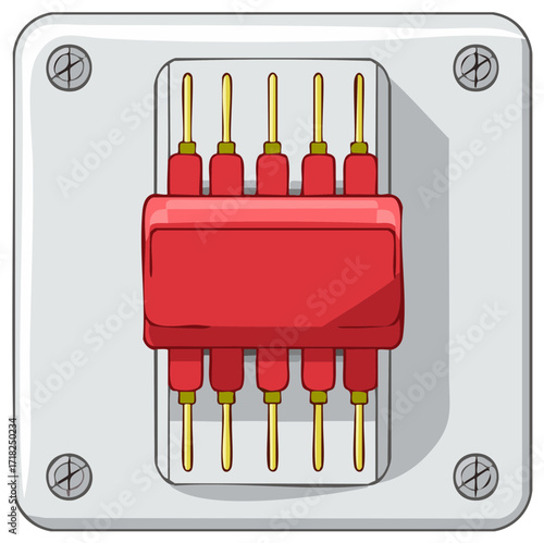 Red DIP Switch Panel with Multiple Pins for Electrical Circuits Installation and Connections with Metal Frame and Screws