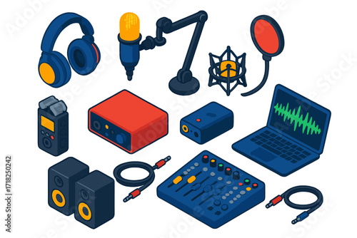 Audio Gear Icons. Isometric vector illustration set Audio recording gear: studio headphones, condenser mic, boom arm, pop filter,