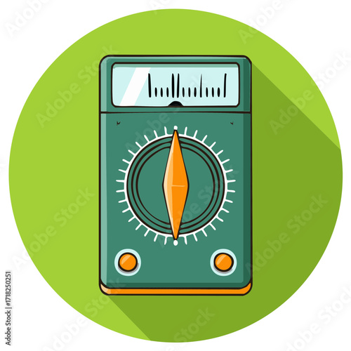 Vector illustration of a hand drawn analog multimeter icon in a flat style with a long shadow
