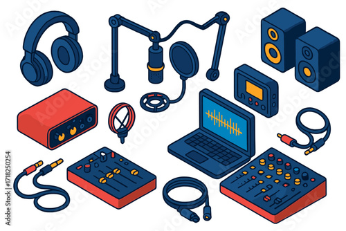 Audio Gear Icons. Isometric vector illustration set Audio recording gear: studio headphones, condenser mic, boom arm, pop filter,