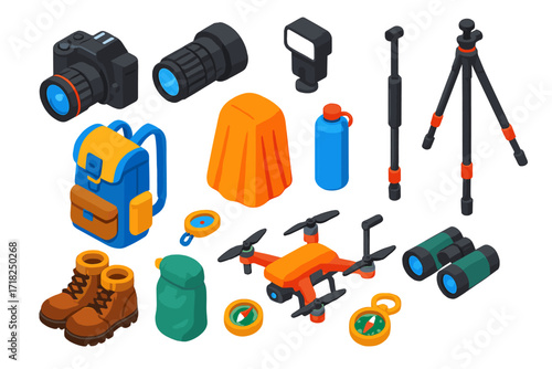 Outdoor Photography Gear. Isometric vector illustration set Outdoor photography: DSLR camera, telephoto lens, flash, tripod,