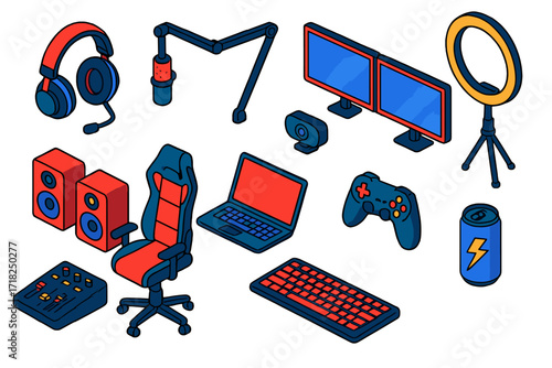 Streaming Setup Elements. Isometric vector illustration set Streaming setup: gaming headset, microphone on arm, dual monitors,