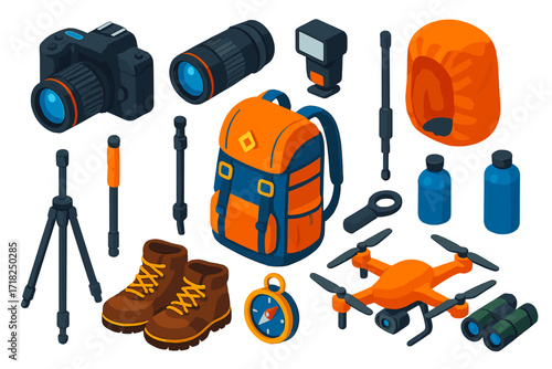 Outdoor Photography Gear. Isometric vector illustration set Outdoor photography: DSLR camera, telephoto lens, flash, tripod,