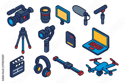 Videography Gear Icons. Isometric vector illustration set Videography equipment: video camera, lens kit, LED light panel, boom mic