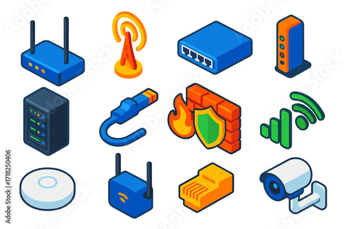 Network Equipment Icons. Isometric vector illustration set Network equipment: router, antenna, switch hub, modem, server rack,